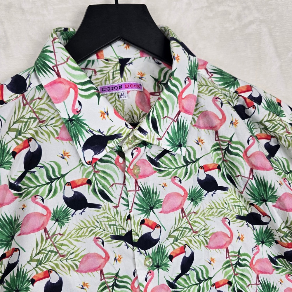 Coton Doux Mens Tropical Flamingo Toucan Print Button Down Shirt White 44 17.5